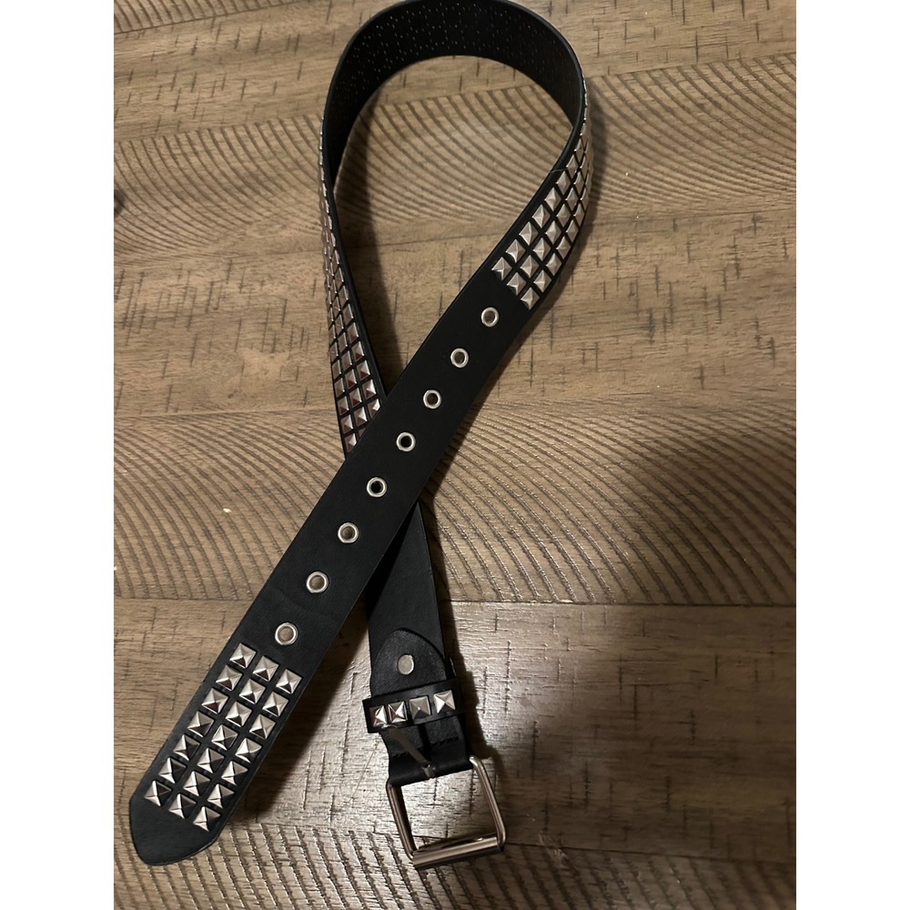Black Faux Leather 3-Row Pyramid Studded Belt - Y2K‎ Punk Emo Gothic Metal